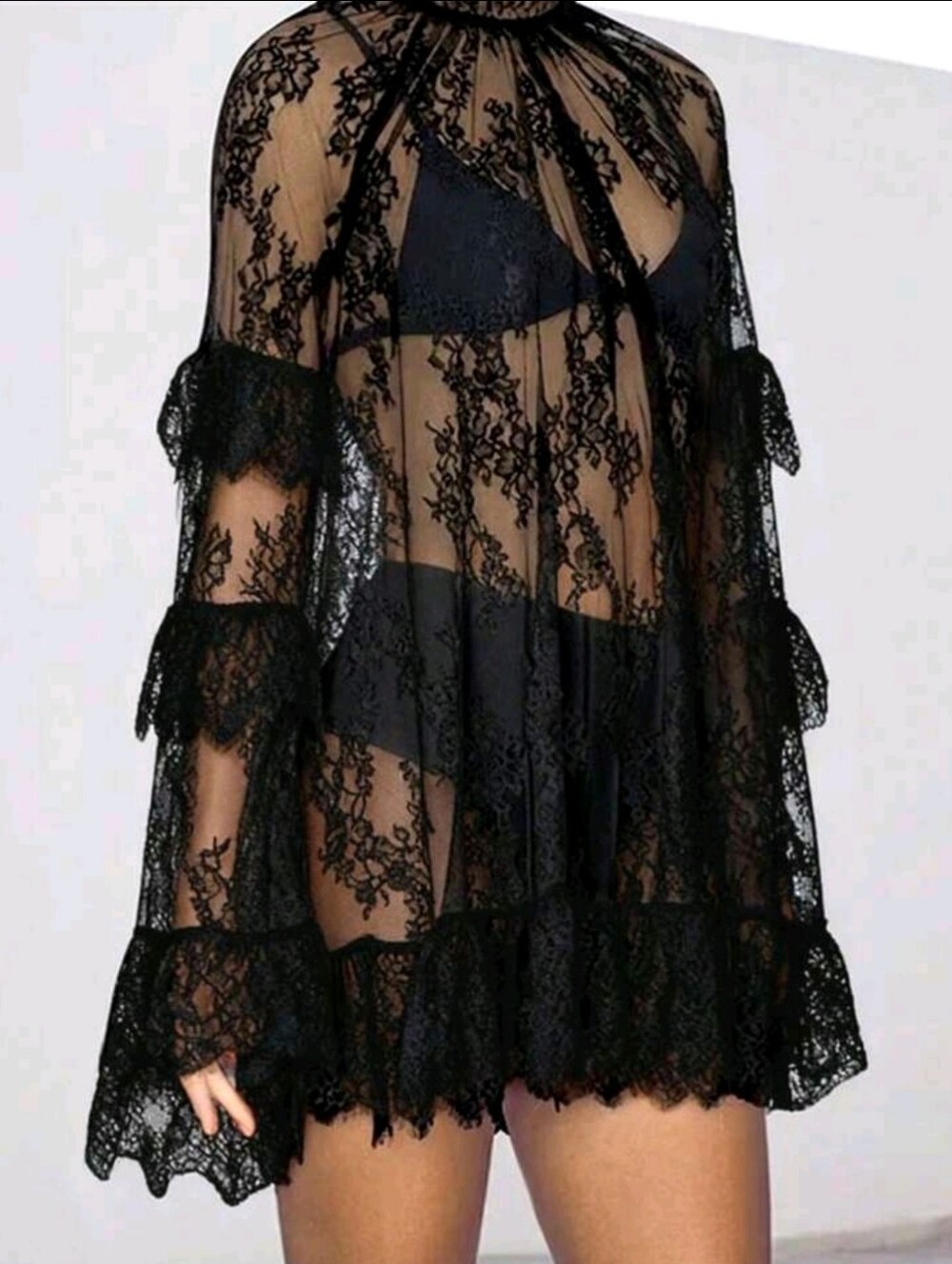 Women's Elegant Lace Dress, Long Sleeve, Small Stand Collar, Ruffle Design, Eleg - Picture 3 of 6